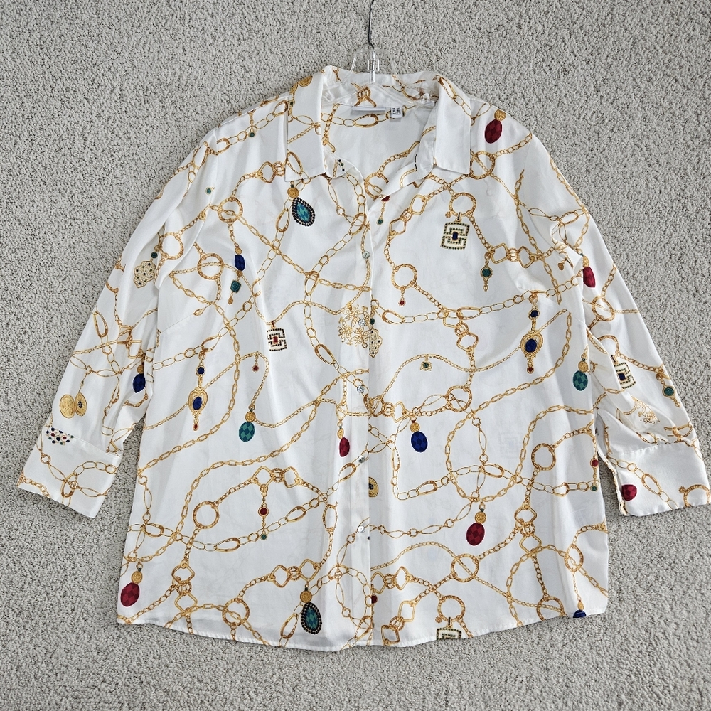 Susan Graver Button Up Blouse Ivory Satin Gold Chain Jewel Print Work Womens 2x